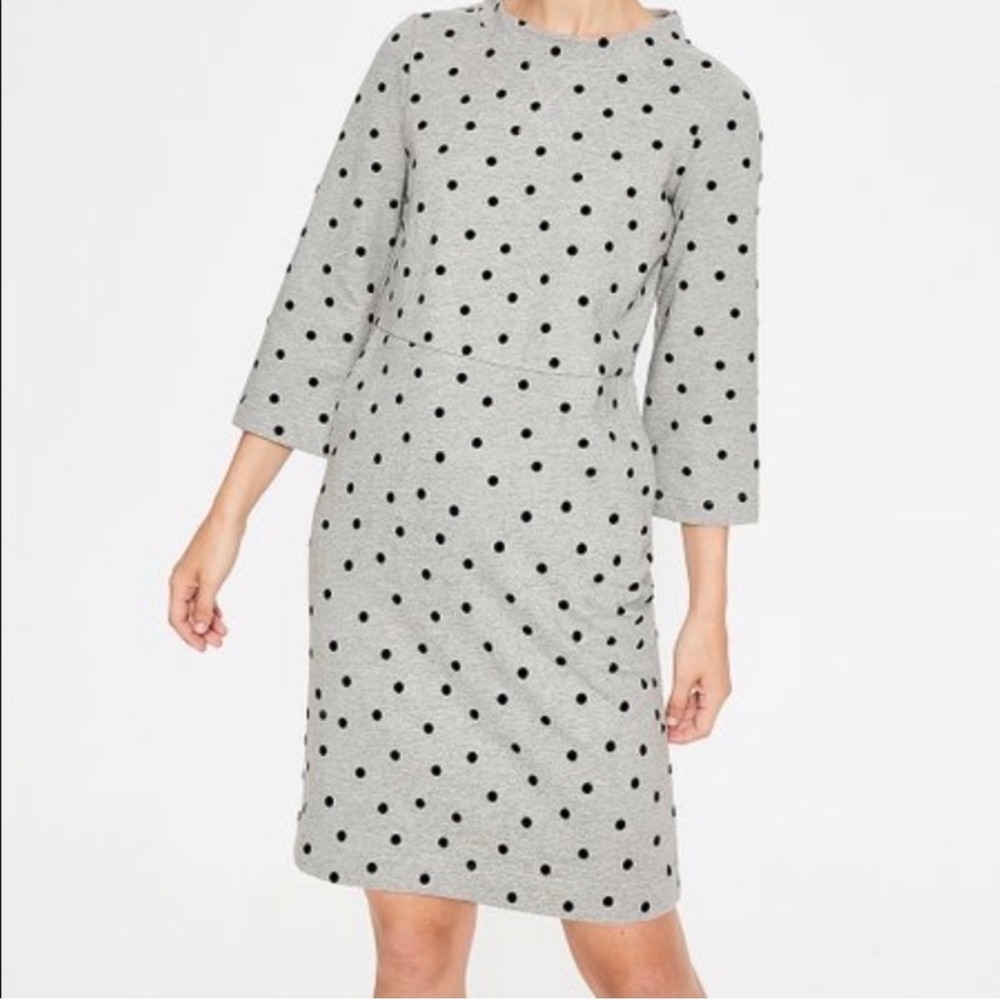 Boden Gray Navy Polka Dot Cotton Sweatshirt Dress Pockets 6L JO234